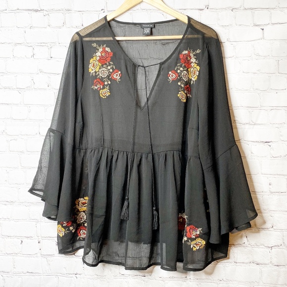 torrid Tops - Torrid | Chiffon Black Sheer Floral Embroidered